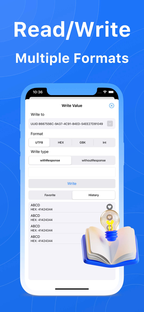 BlueTools Bluetooth Assistant - Interface for writing Bluetooth Low Energy data in multiple formats including UTF8 and HEX.