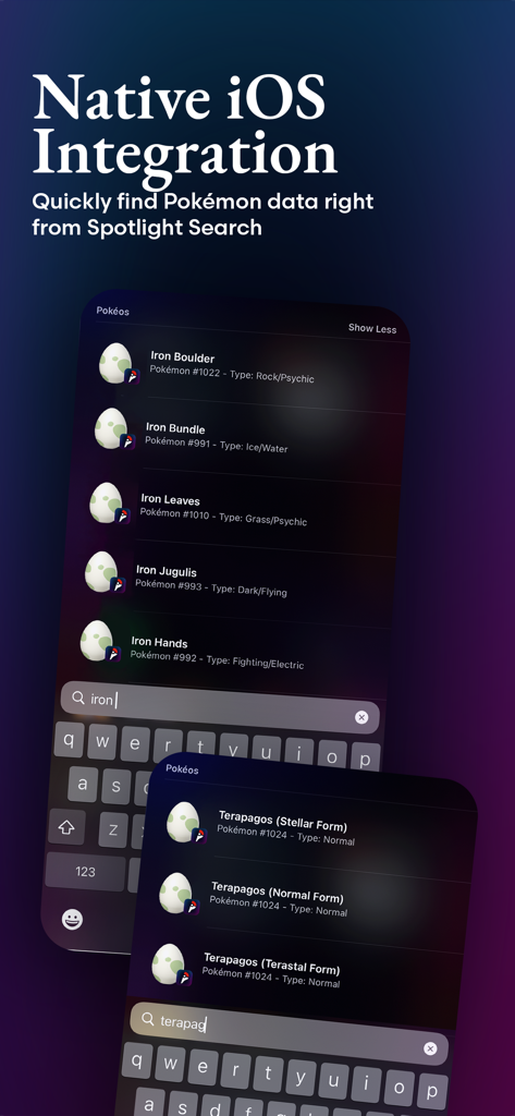 Pokéos - Pokéos app showing native iOS spotlight search integration for quickly finding Pokémon data