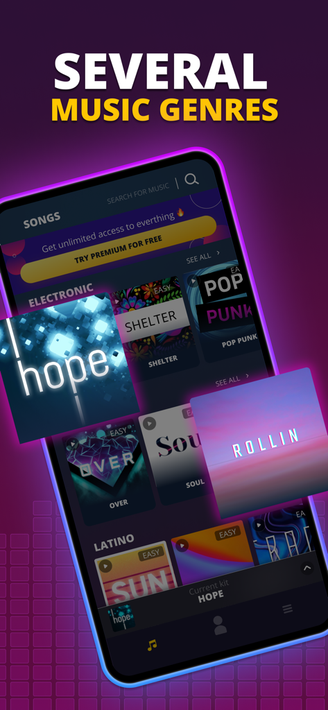 Interface d'application mobile de Beat Lab montrant une bibliothèque de différents genres musicaux et kits de chansons