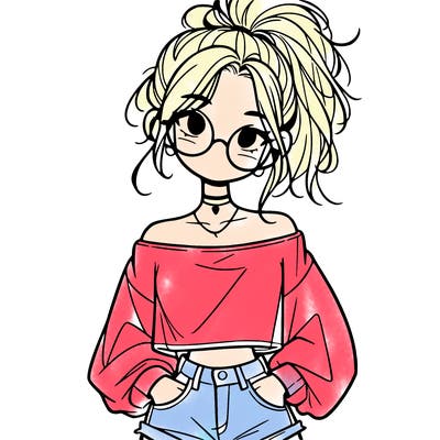 girl with a messy ponytail glasses a baggy crop top and jean shorts