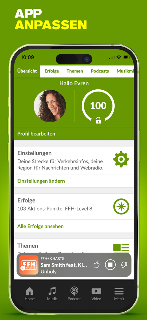 HIT RADIO FFH app interface showing user profile achievements and personalization options