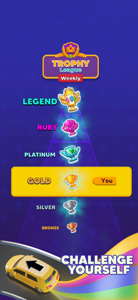 Traffic Escape! - Pantalla de clasificación semanal de la Liga de Trofeos en Traffic Escape, mostrando niveles desde Bronce hasta Leyenda.