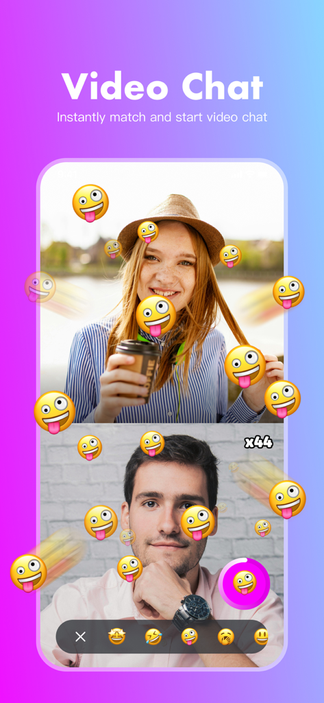 Yaha - Chat&Meet real friends - Interface of the Yaha app showing a video chat between a man and a woman with floating animated emojis