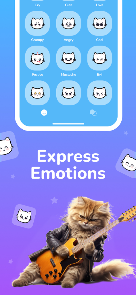 Cat Simulator - Сhat Meow - Cat Simulator app screen displaying various cat emotion icons and a fluffy cat playing an electric guitar