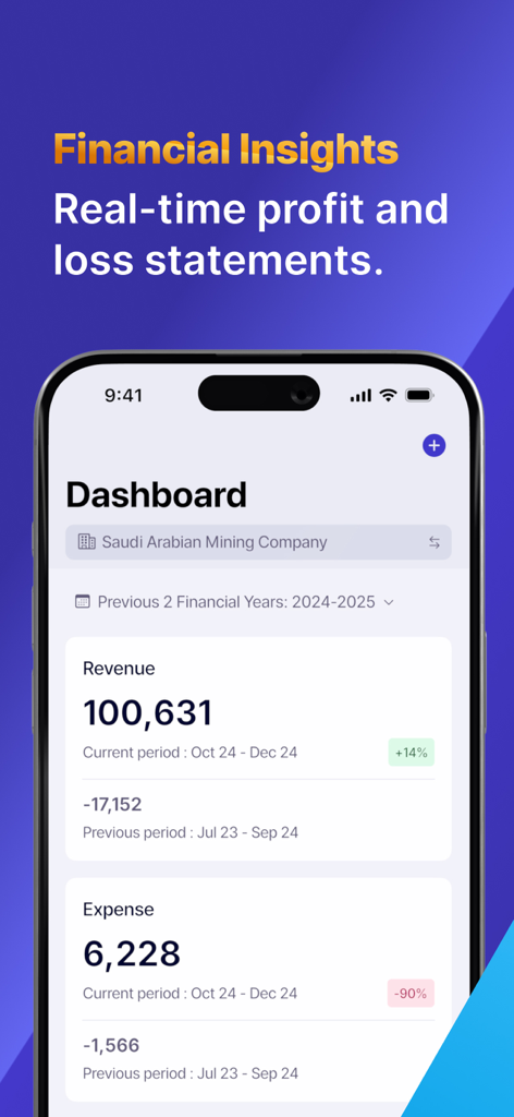 Wafeq Accounting & e-invoicing - Wafeq app dashboard showing real time financial insights for revenue and expenses