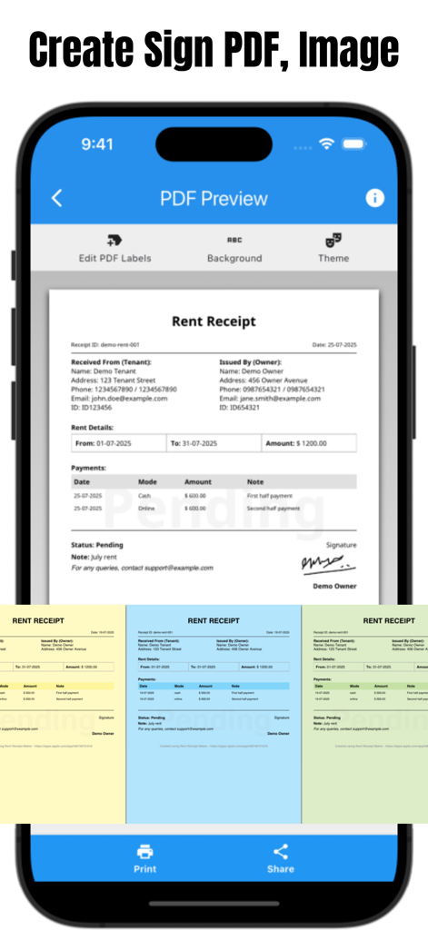 Rent Receipt Maker: House Rent - A preview of a professional rent receipt with digital signature and color theme options for landlords.