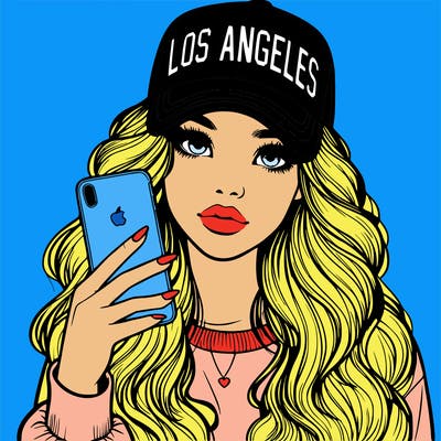 realistic beautiful girl wearing los ángeles cap holding an iphone