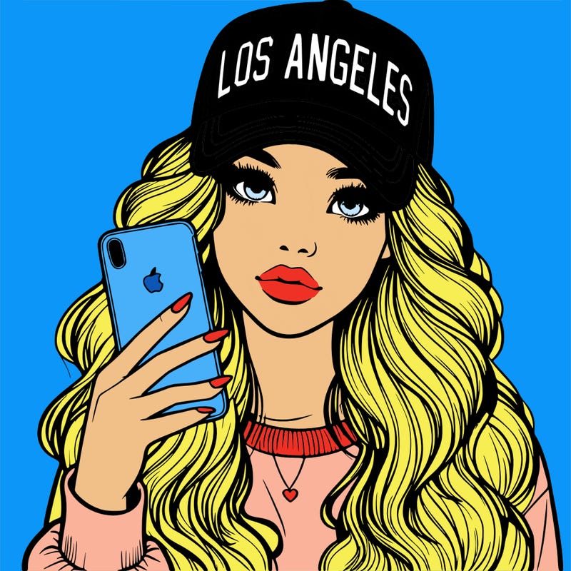 realistic beautiful girl wearing los ángeles cap holding an iphone
