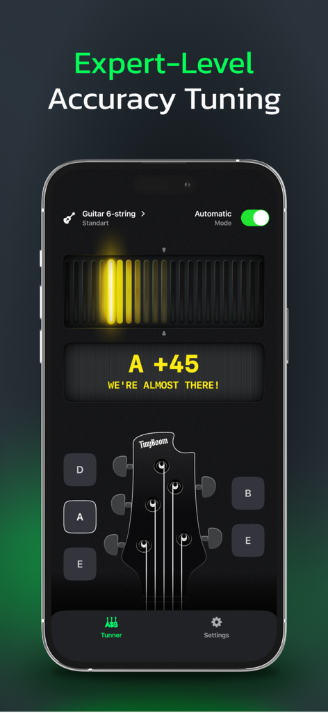 Guitar Tuner - Stringo - Interface de l'application d'accordage de guitare Stringo affichant une précision de niveau expert pour une guitare à six cordes.