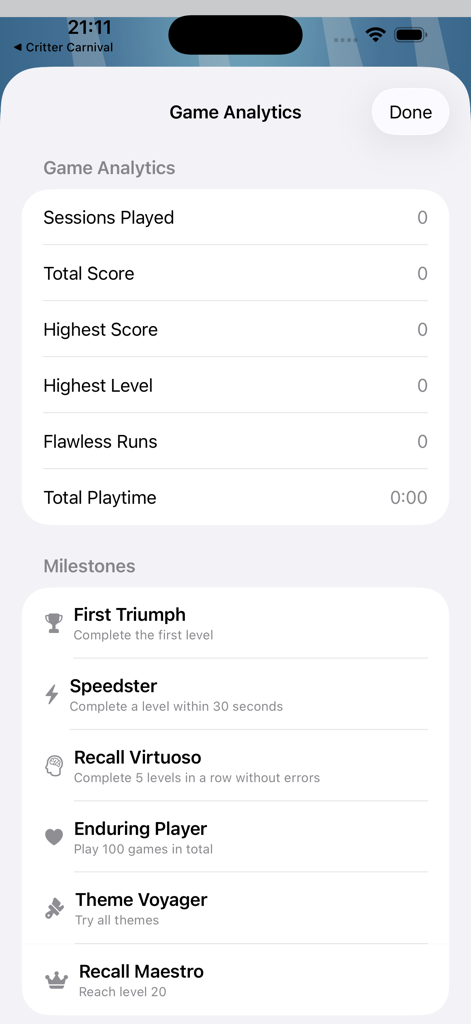 LagomorphMatch - A screen displaying game analytics like total score and playtime alongside a list of milestones in the LagomorphMatch app.