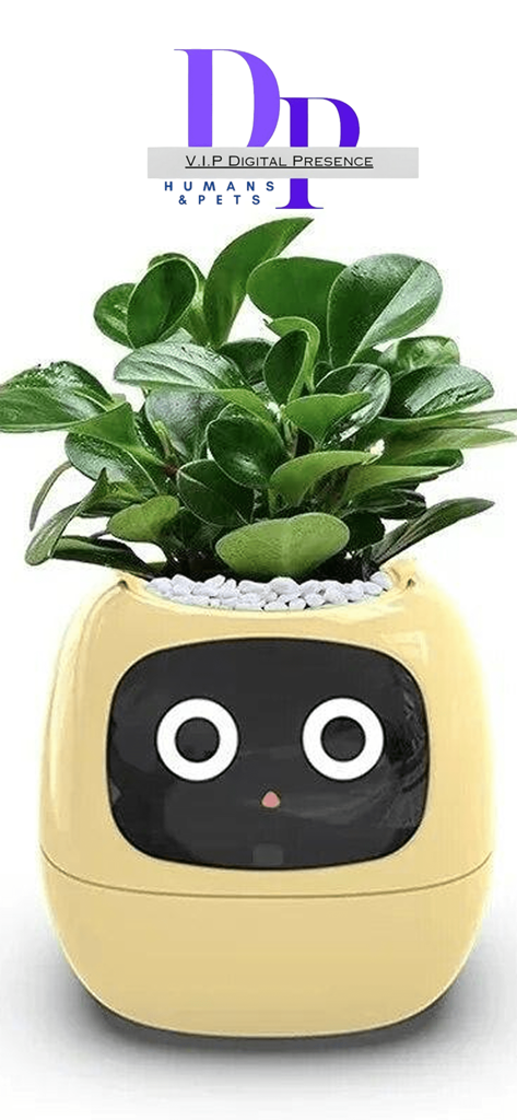 V.I.P Digital Presence - Cute yellow smart planter with a digital face holding a green plant