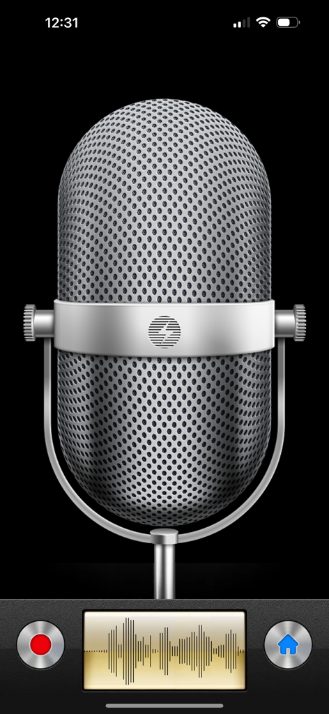 Main recording screen of the Voice Recorder and Audio Editor app featuring a vintage silver microphone and a live audio waveform display.