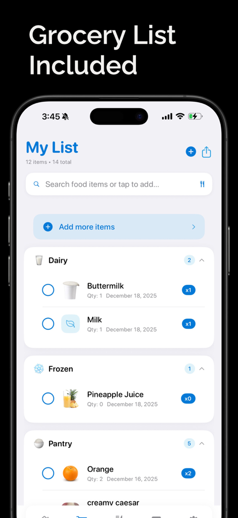 Food Stocks • Pantrino - Liste de courses numérique dans l'application Pantrino montrant des sections catégorisées pour les produits laitiers, les aliments surgelés et les articles de garde-manger