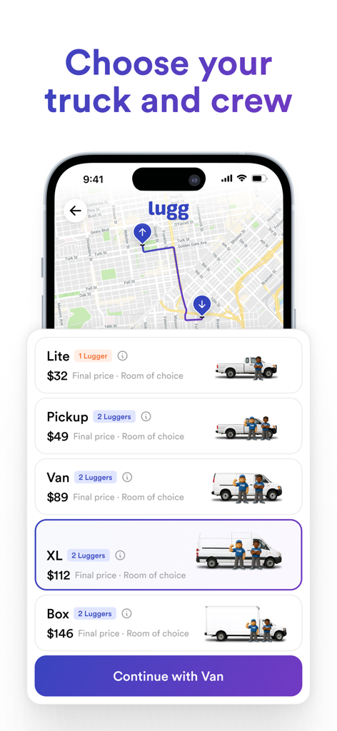 Lugg app screen for selecting a vehicle and crew with upfront pricing for moving and delivery services