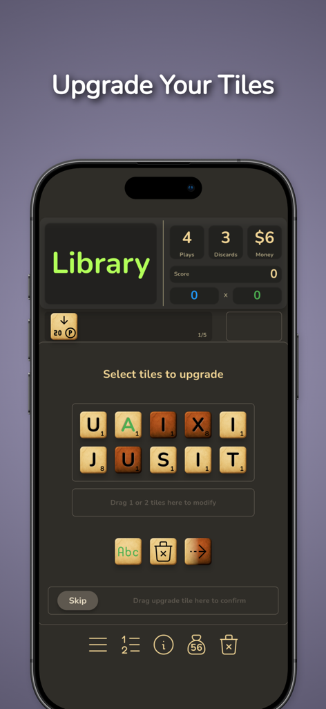 Prosaic - Roguelike Word Game - Prosaicのライブラリ画面。プレイヤーはここでレタータイルをアップグレードできます。