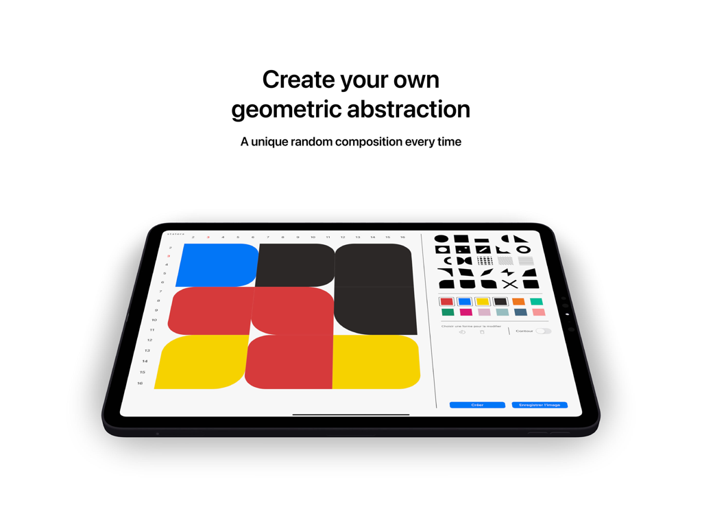 Statera App auf dem iPad zeigt eine bunte geometrische Abstraktion und Design-Tools