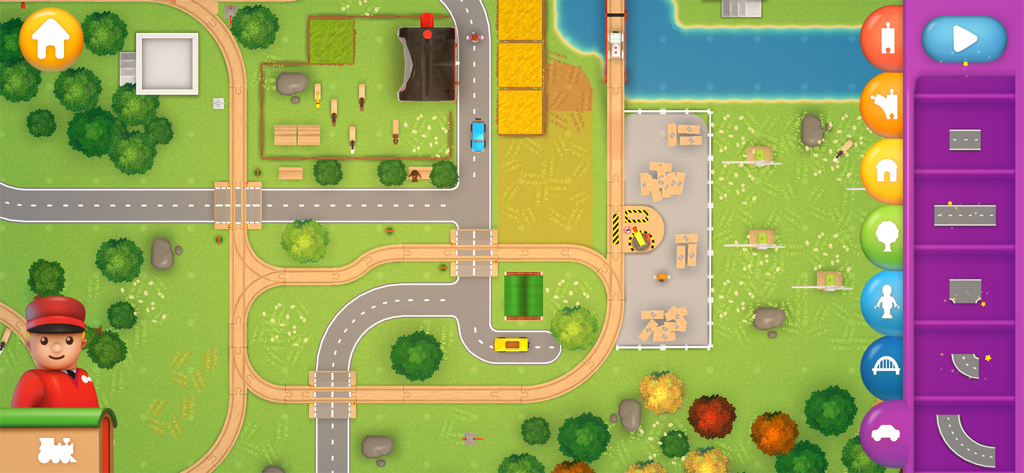 Top-down view of a custom built wooden railway and road system in BRIO World.