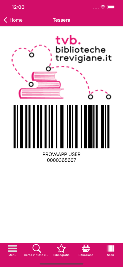 TVB - Tessera digitale con codice a barre nell'app della biblioteca TVB.