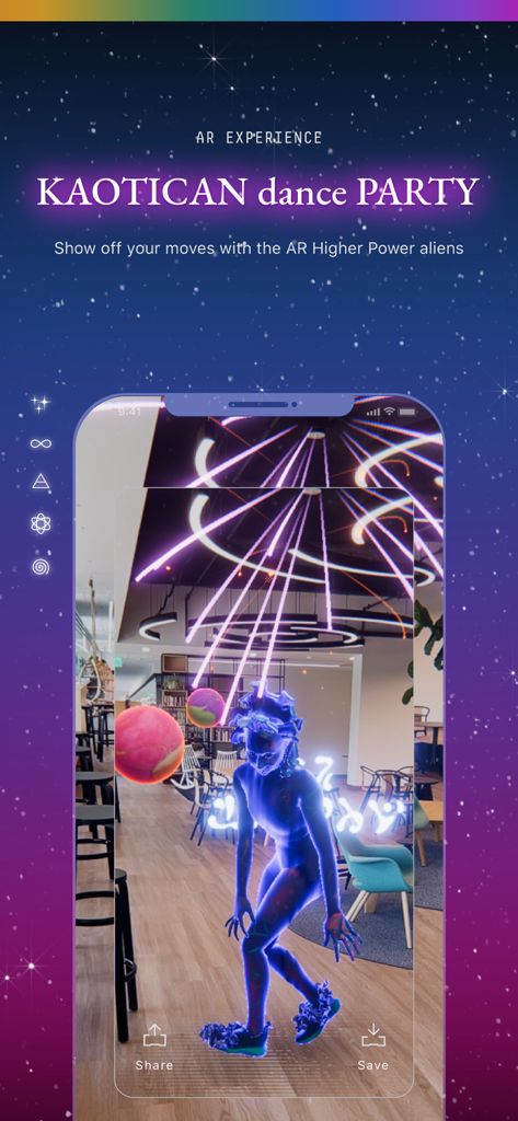 Coldplay app AR feature showing a glowing alien character dancing in a real-world setting with floating planets