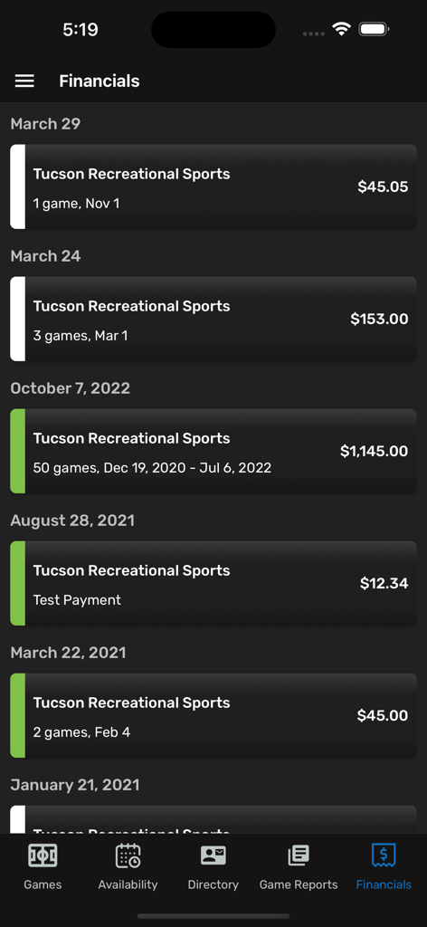 Assignr app Financials screen showing a list of referee payments and game counts