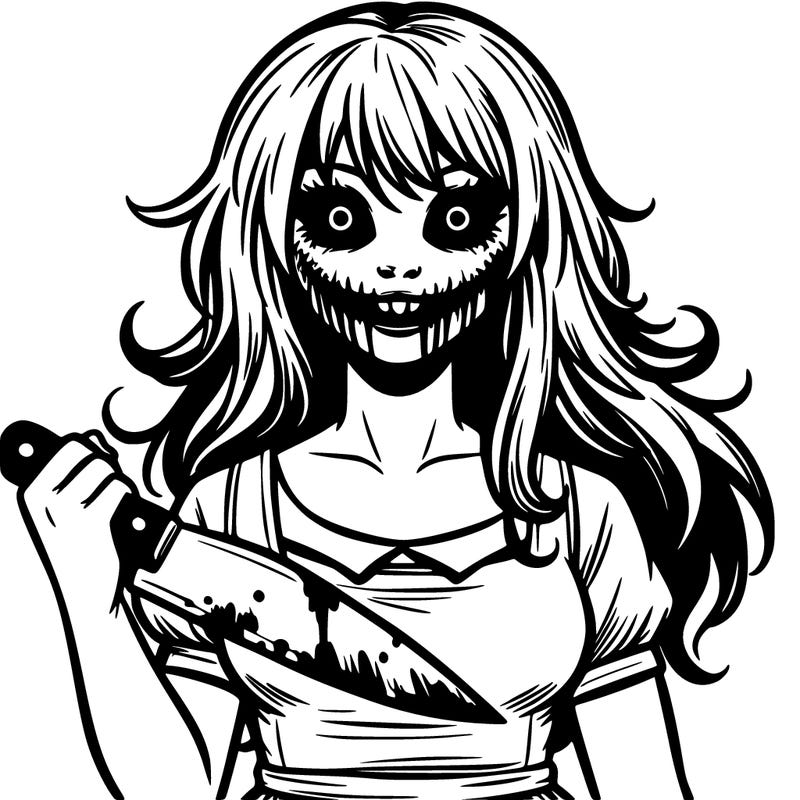 realistic horror girl with blood knife scary smile