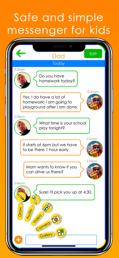 Tocomail - Email for Kids - Capture d'écran de l'application Tocomail montrant une interface de chat sécurisée entre un enfant et un parent, avec des boutons colorés pour dessiner et partager des médias.