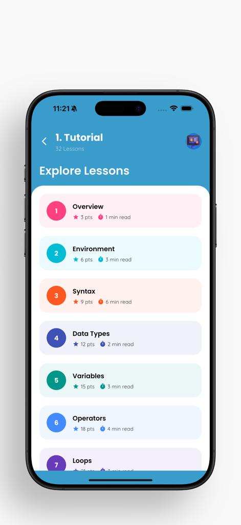 Learn Flutter and Dart - Mobile app screen displaying a list of Flutter and Dart tutorial lessons with estimated read times