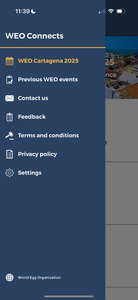 WEO Connects - Menu de navegação lateral do aplicativo WEO Connects com links para o evento de Cartagena de 2025, eventos anteriores e configurações