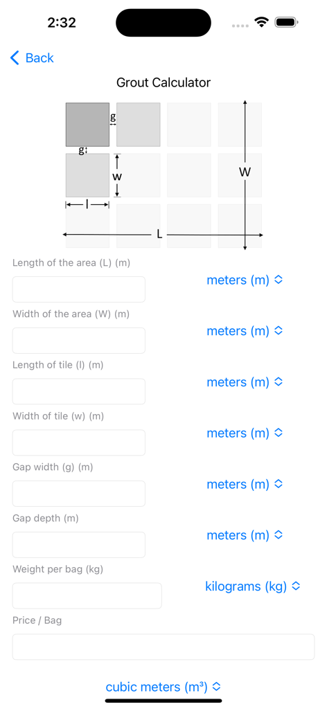 Concrete Calculator Estimator - Grout calculator interface showing input fields for tile dimensions and gap width