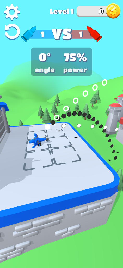A blue tank aiming its shot in Merge Tanks Army Clash with trajectory lines and power indicator