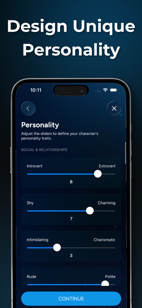 Hi - Ai Character Chat App - Écran de l'application mobile montrant des curseurs de personnalité pour personnaliser les traits d'un personnage IA.