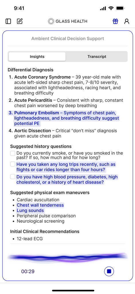 Glass Health app interface showing ambient clinical decision support with differential diagnosis and clinical recommendations.