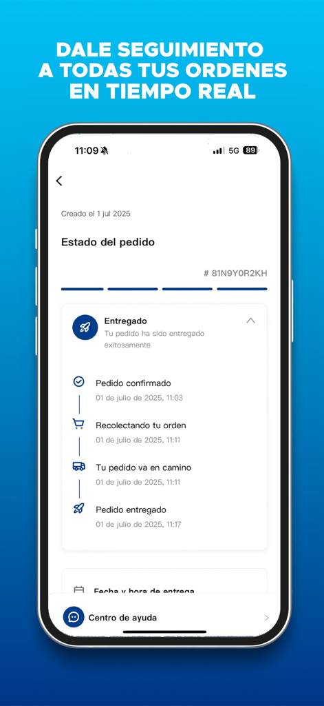 Plaza Lama - Mobile screen showing real-time order tracking and delivery status in the Plaza Lama app.