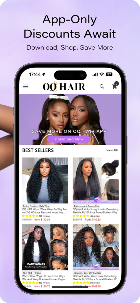 OQ Hair - Interfaccia dell'app mobile OQ Hair che mostra le parrucche in capelli umani più vendute e sconti esclusivi per l'app