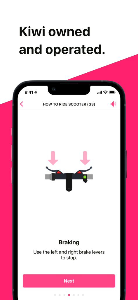 Flamingo Scooters - Flamingo Scooters app tutorial screen showing how to use the brake levers to stop