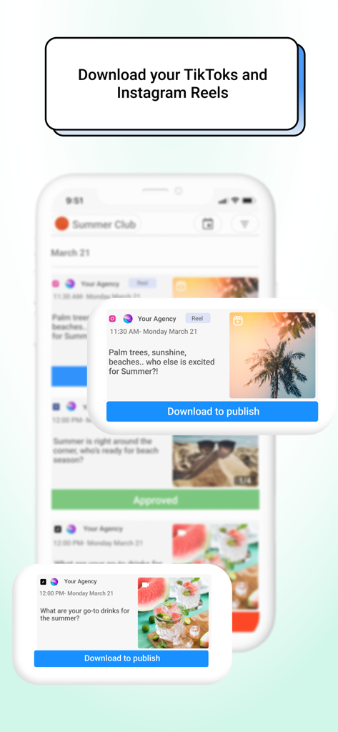 HeyOrca app interface showing how to download TikToks and Instagram Reels for manual publishing