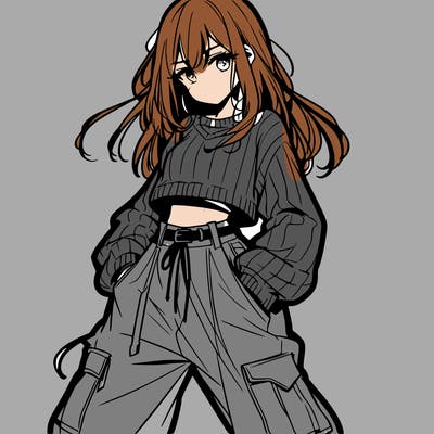 anime teen girl with baggy pants and crop top with sweater