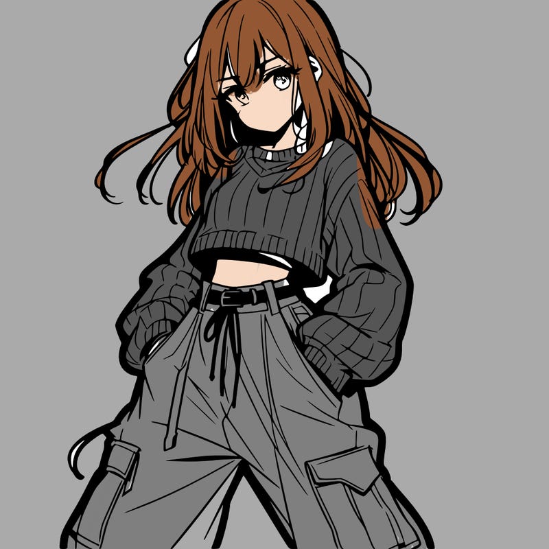 anime teen girl with baggy pants and crop top with sweater