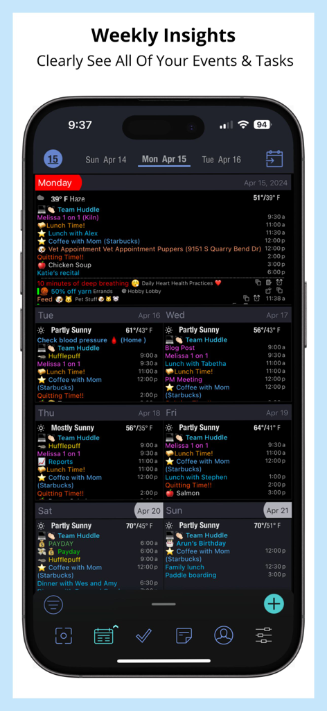 Pocket Informant app showing a detailed weekly view with integrated calendar events and tasks on a dark background