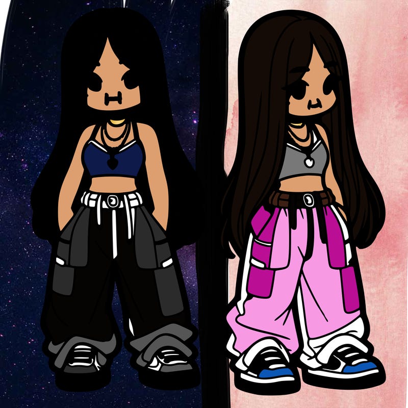 girl in baggy pants crop top and long hair