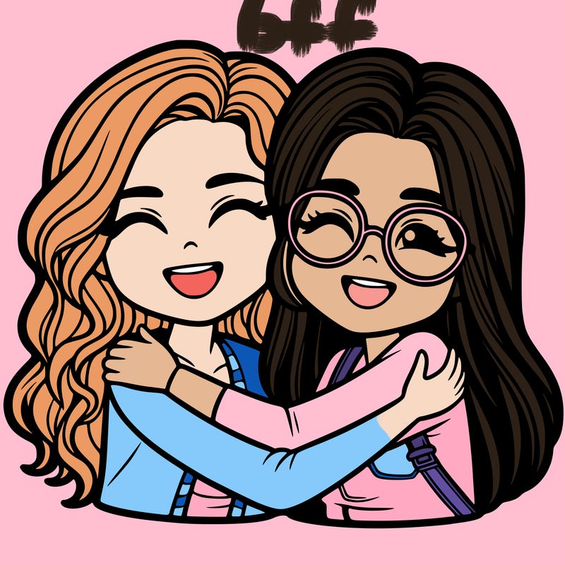 best friends right next to each other hugging each other one with long hair 1 with short hair both with glasses