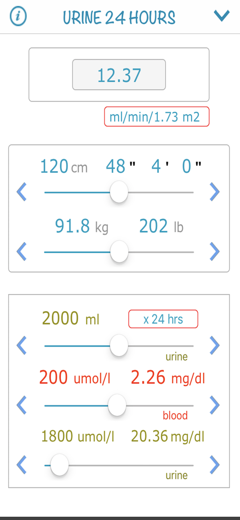 환자의 키, 체중 및 크레아티닌 수치 슬라이더를 사용하여 24시간 소변 크레아티닌 청소율을 계산하는 모바일 인터페이스