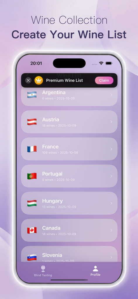 EasyTasting App-Bildschirm, der eine Weinsammlung zeigt, die nach Ländern wie Frankreich und Argentinien sortiert ist