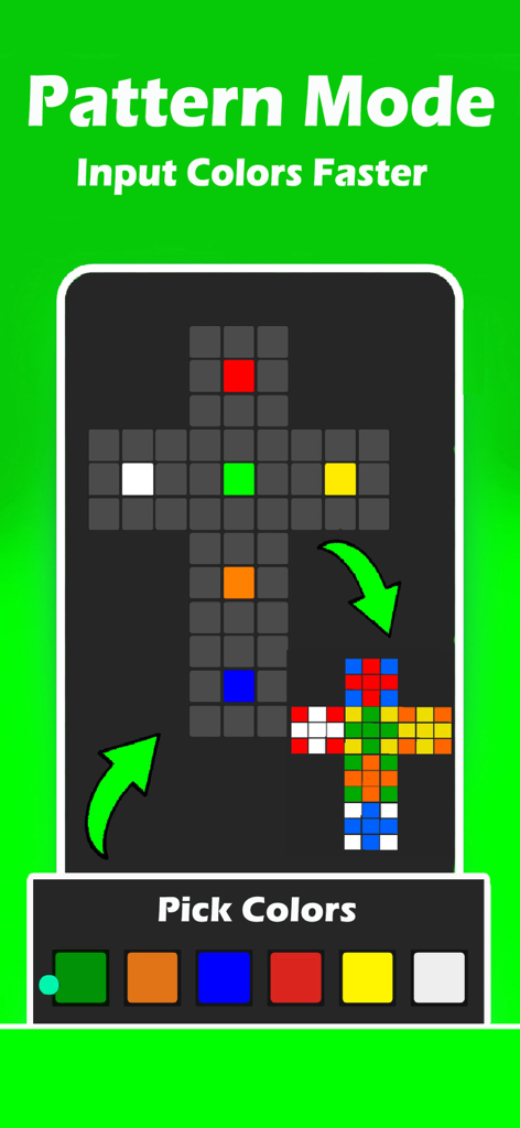 Screenshot of Rubik's Cube Master app showing the Pattern Mode for faster color input on a 2D cube net.