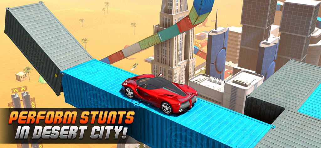 Extreme Car Racing: Stunt Game - Carro esportivo vermelho dirigindo em uma rampa de contêineres no alto de uma cidade desértica.