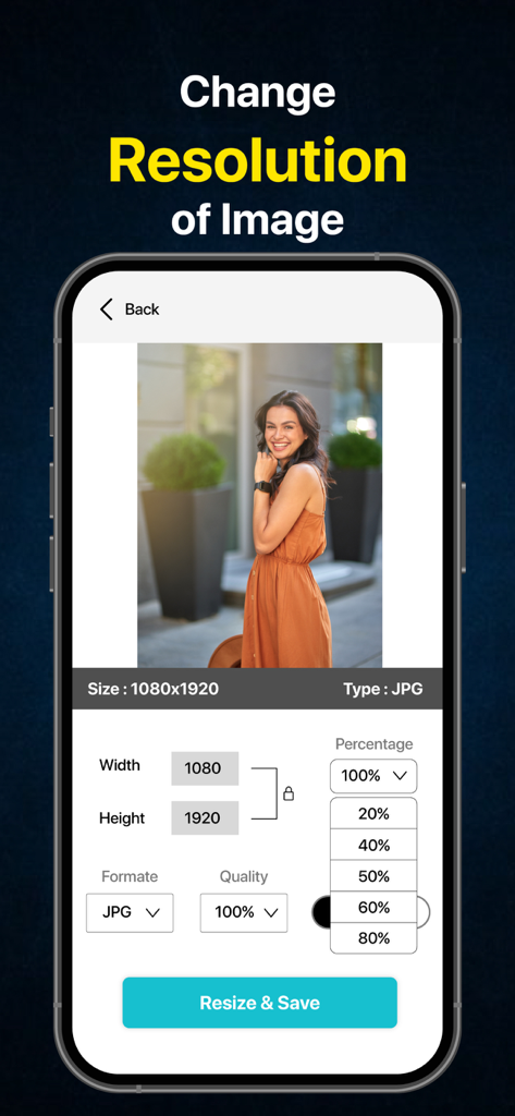 JPG PNG Image Photo Converter - Mobile app interface showing options to change image resolution and resize photos by dimensions or percentage