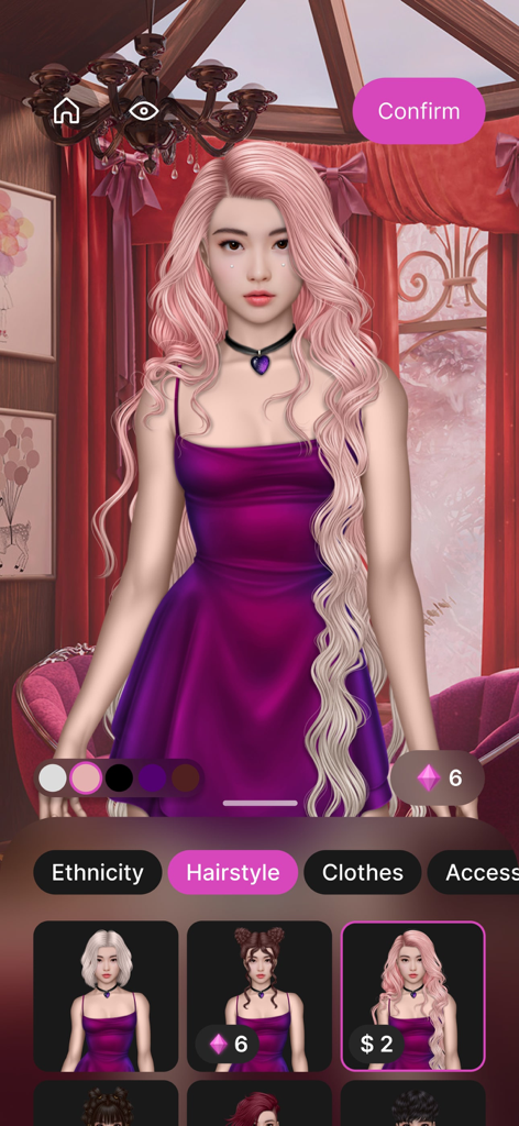 Pantalla de personalización de personajes en la app Lovel mostrando la selección de peinados y atuendos para un avatar femenino