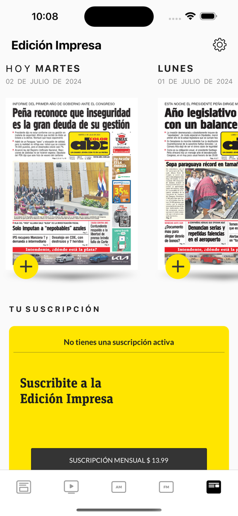 Interface do aplicativo ABC Color mostrando o arquivo da edição impressa e opções de assinatura para o jornal paraguaio.