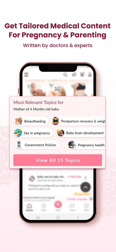 Healofy -Pregnancy & Parenting - Healofy app interface displaying tailored medical content for pregnancy and parenting including topics like breastfeeding and baby development