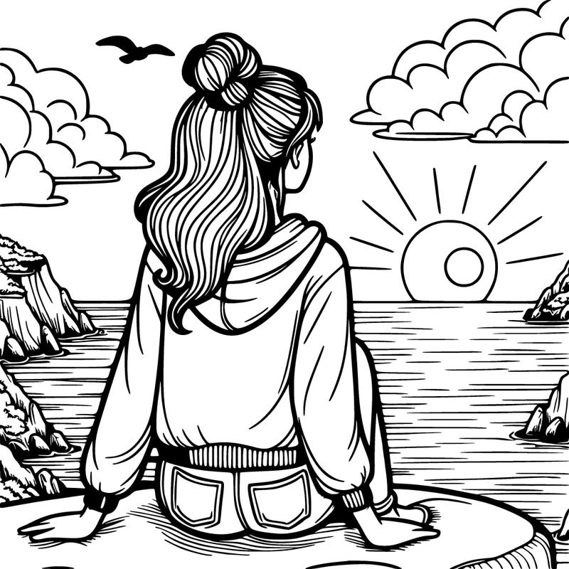 girl watching the sunset sitting on a cliff overlooking the ocean